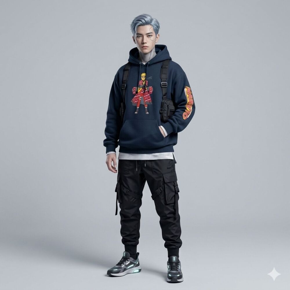 Naruto Uzumaki Graphic Pullover Men's Hoodie Large Black Anime Jerzees Street